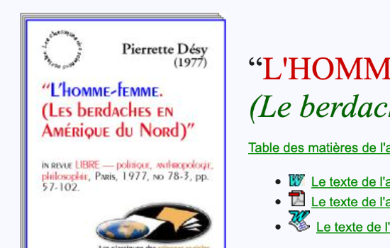 “L’HOMME-FEMME. (Le berdache en Amérique du Nord)” (1978)